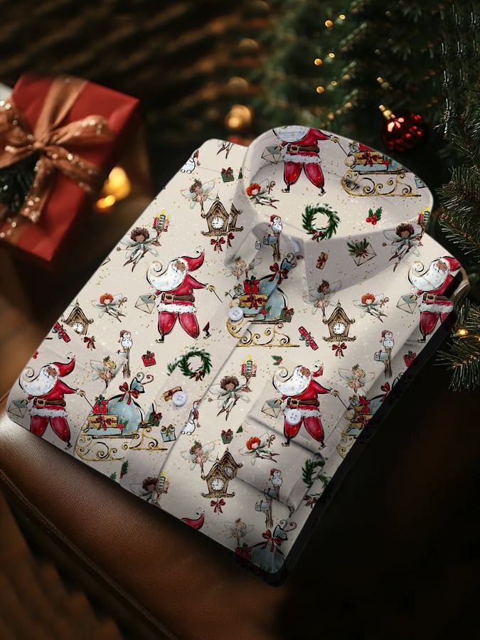 Camisa de lujo Christmas Contrast Color estampado de manga larga para hombre