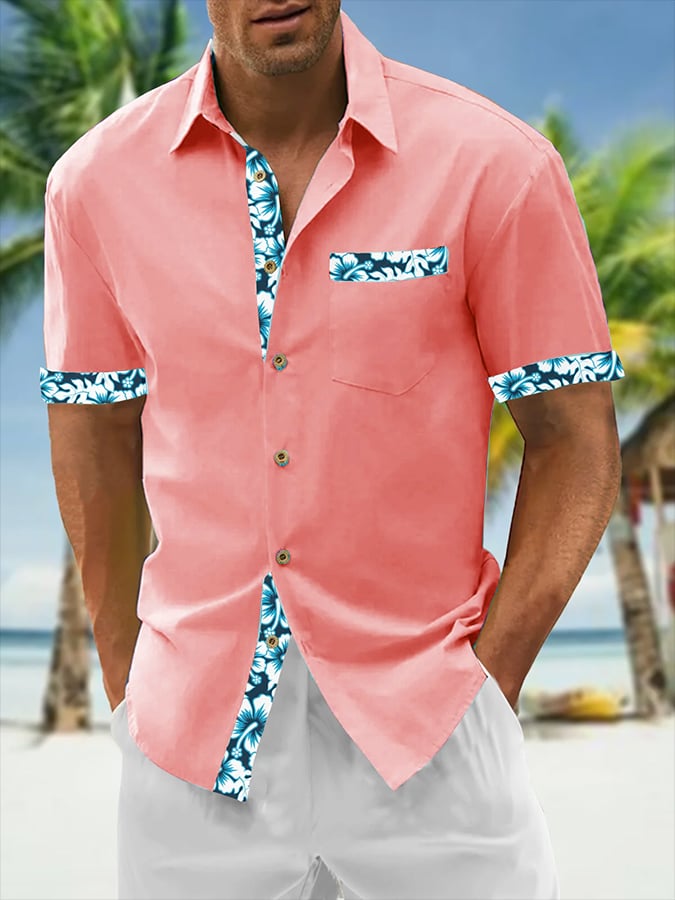 Camisa Resort Style Contrast estampado casual de manga corta para hombre
