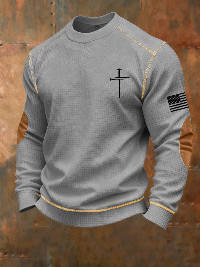 Sudadera vintage Faith Cross estampado Waffle cuello redondo para hombre