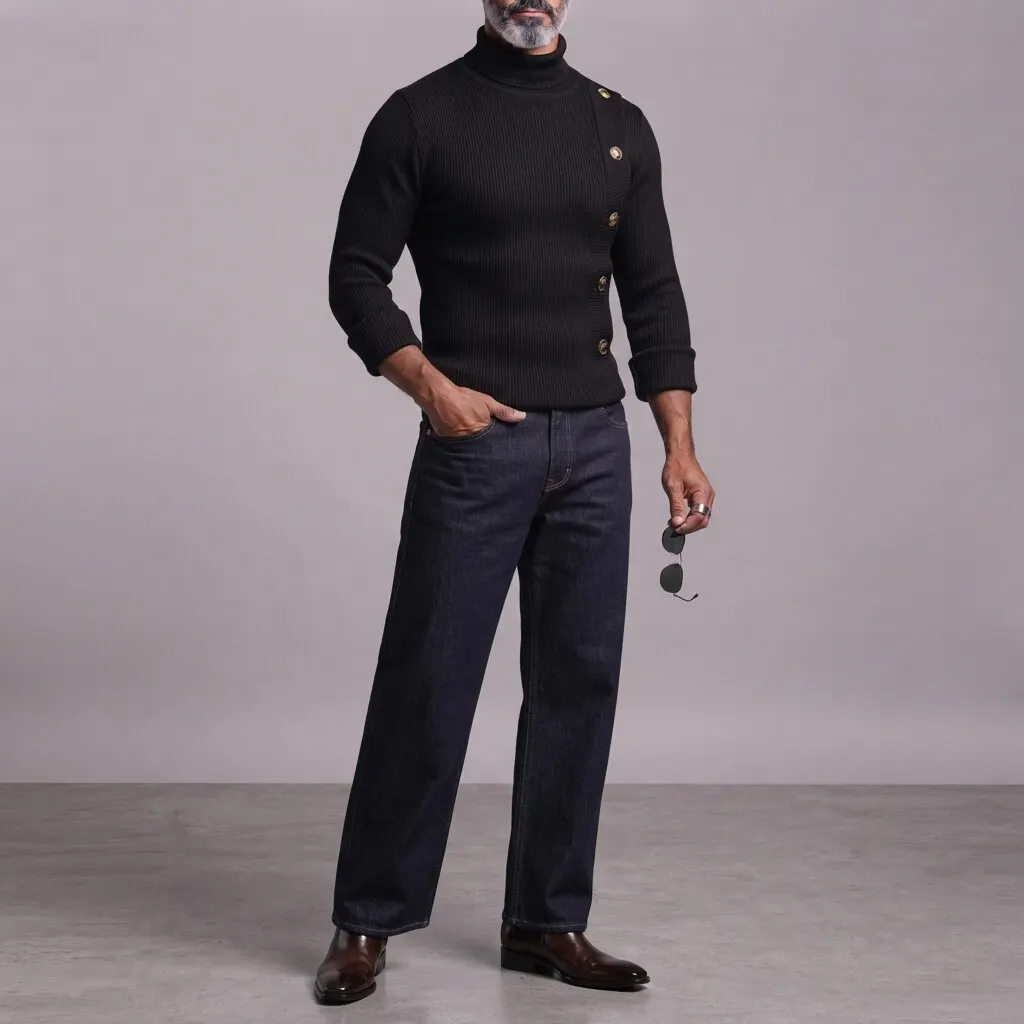 para hombre White Ribbed tejidoted Turtleneck Asymmetric Button Slim-Fit de manga larga camiseta