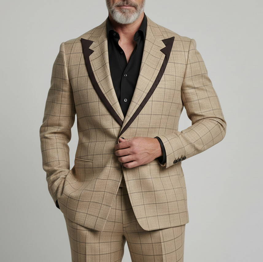 Saco Elegant Khaki a cuadros estampado Contrast Peak Lapel ejecutivo casual para hombre