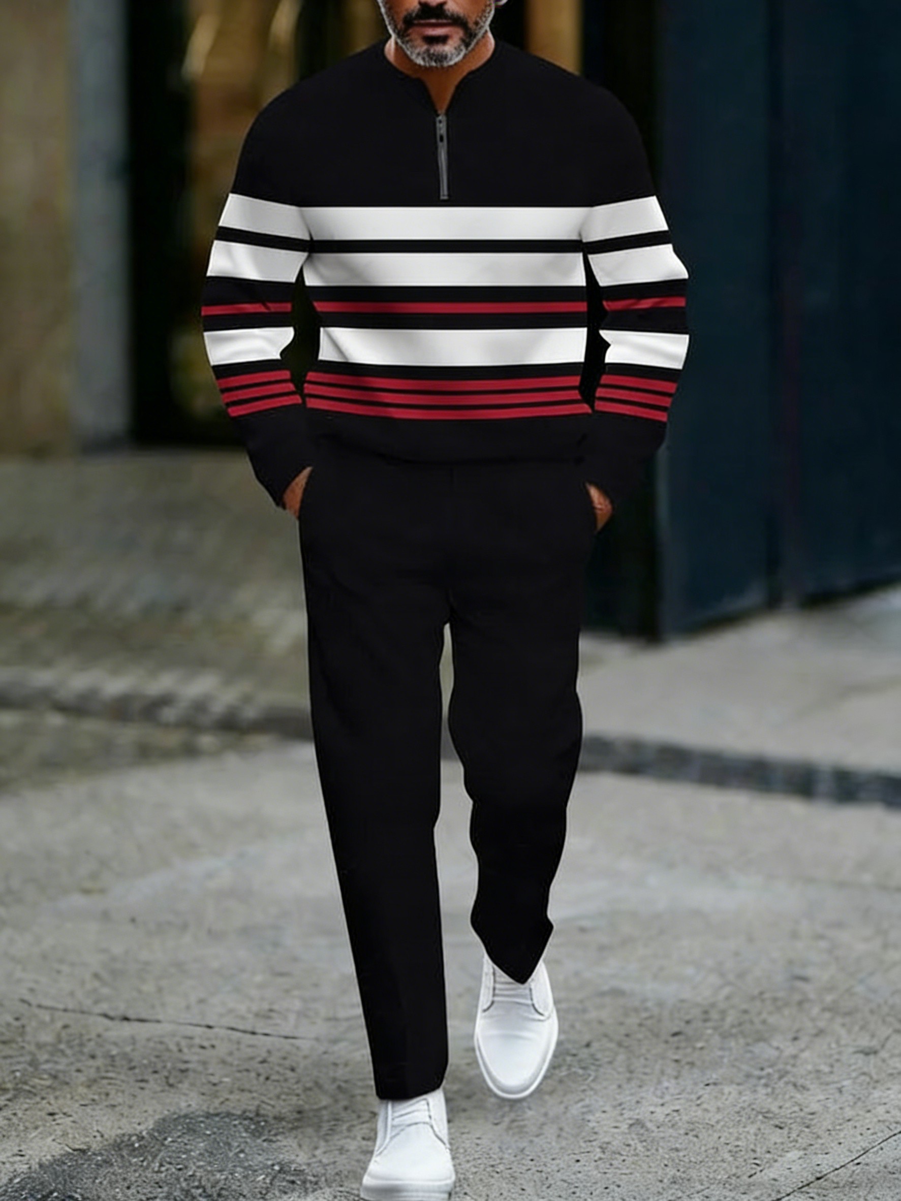Conjunto de dos piezas casual Black & Red Color Matching a rayas estampado Round-Neck cierre de manga larga Tops & Trousers para hombre