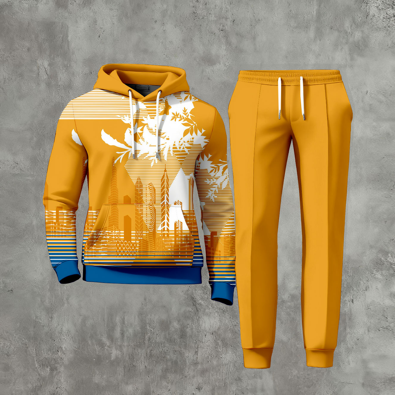 Conjunto de dos piezas casual City Lights and Shadows estampado de manga larga sudadera con capuchas sudadera & Trousers Yellow para hombre