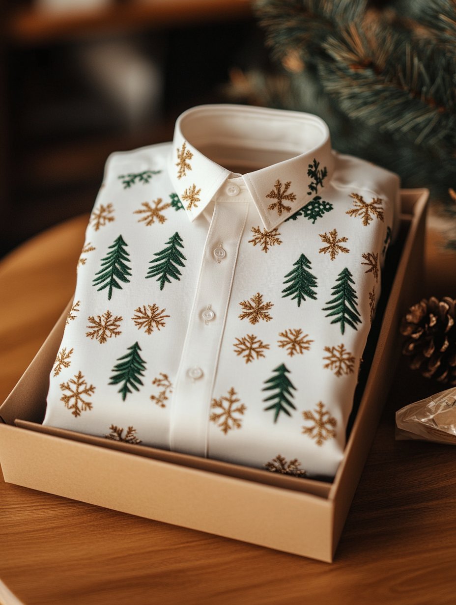 Camisa ejecutivo retro Christmas Evergreen Pine Snowflake estampado de manga larga para hombre