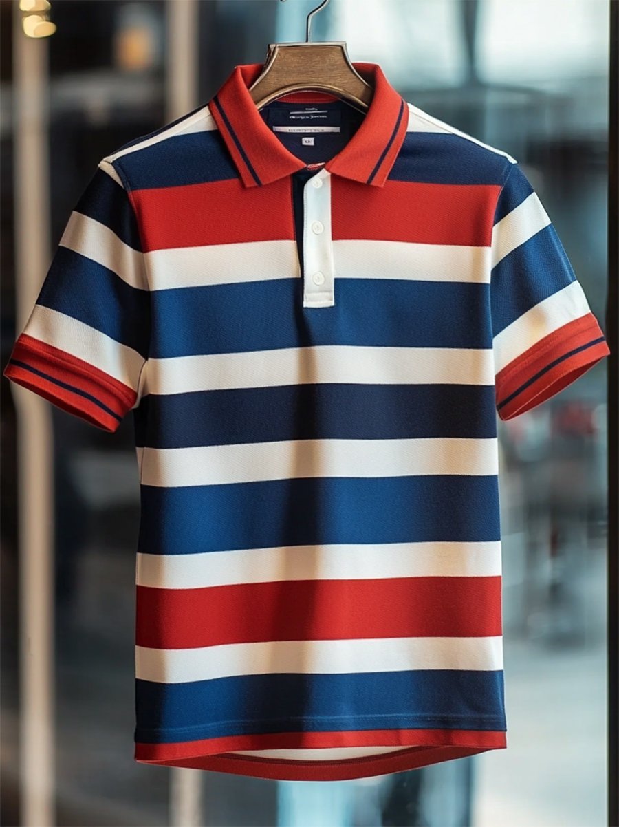 Camisa polo ejecutivo casual rayas estampado Button de manga corta para hombre