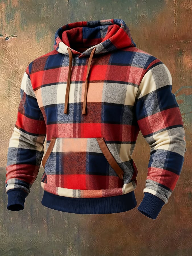 Sudadera retro a cuadros Contrast Color Hooded para hombre