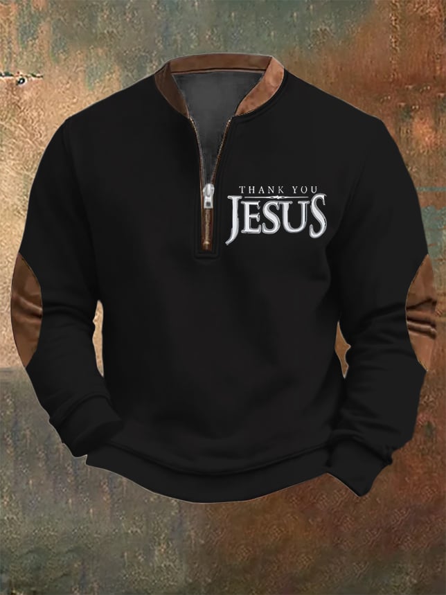 Sudadera vintage Faith "Thank You Jesus" estampado Zip cuello para hombre