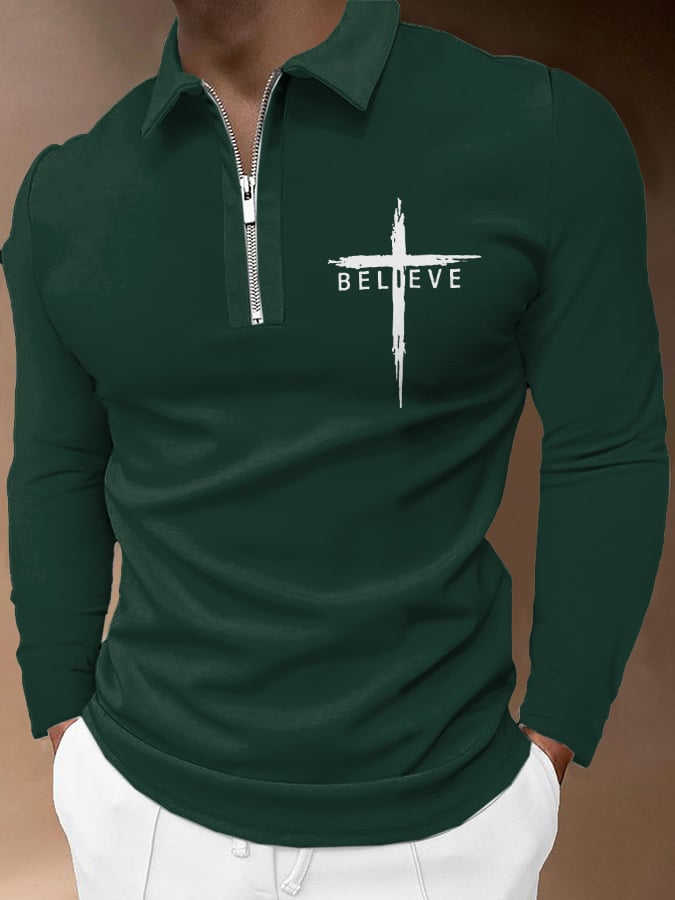 Camisa polo Believe Cross estampado de manga larga para hombre