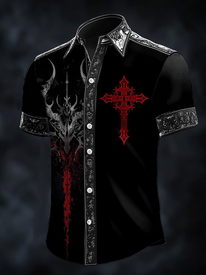 Camisa casual de moda Dark diseño Cross Crow Contrast satén para hombre