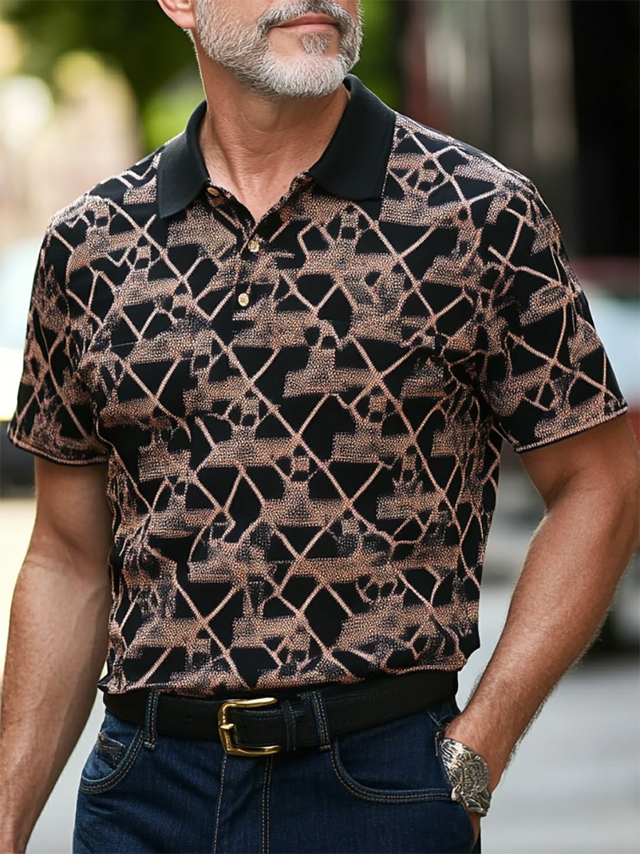 Camisa polo casual ejecutivo geométrico estampado con botones de manga corta para hombre