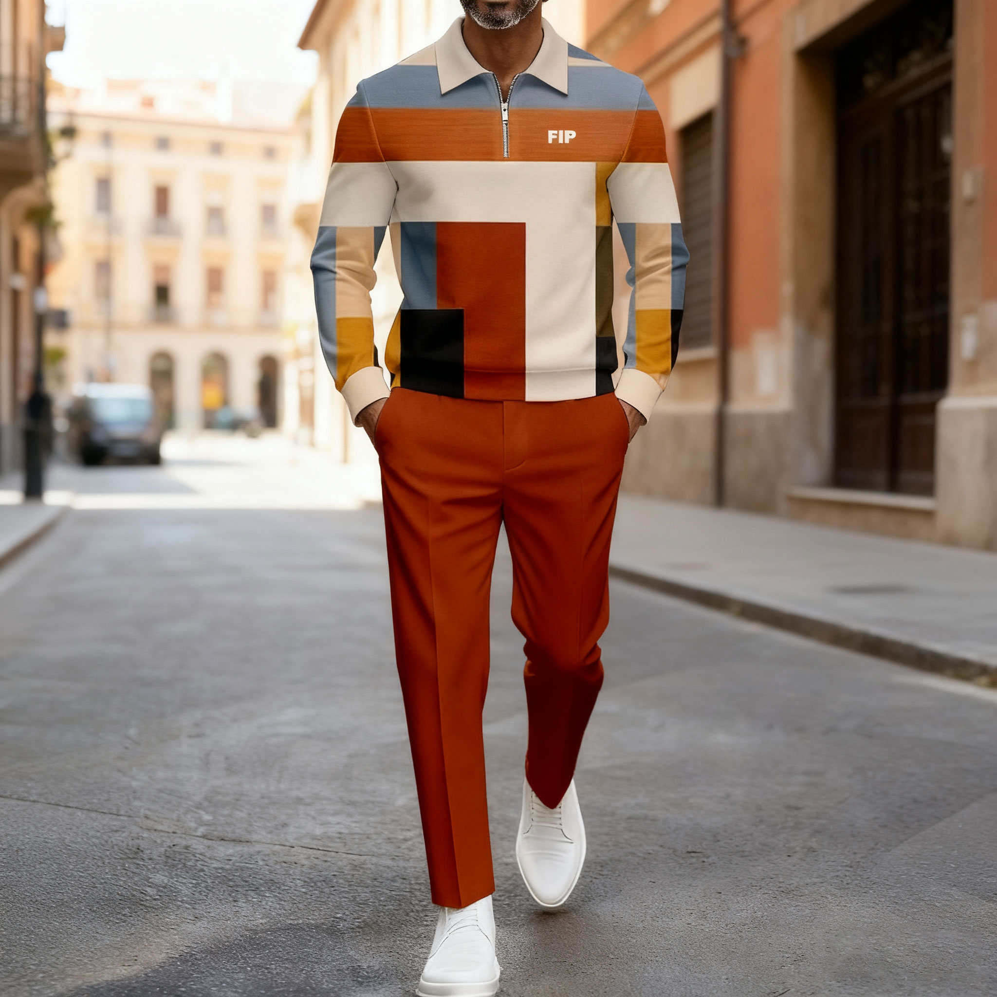Conjunto de dos piezas casual Orange Color Matching Geometric estampado Polo-Collar Zipper de manga larga Trousers para hombre
