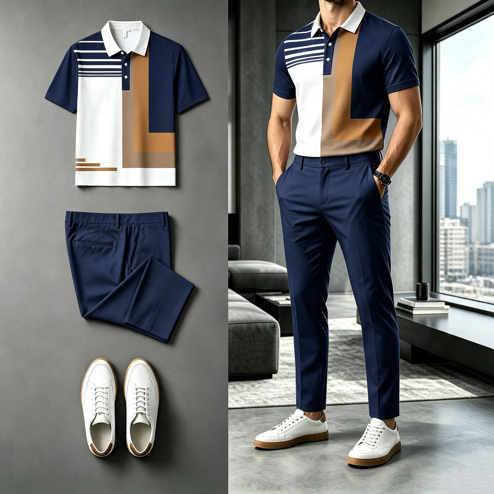 para hombre Multi-Color de manga corta camisa polo and pantalón Set