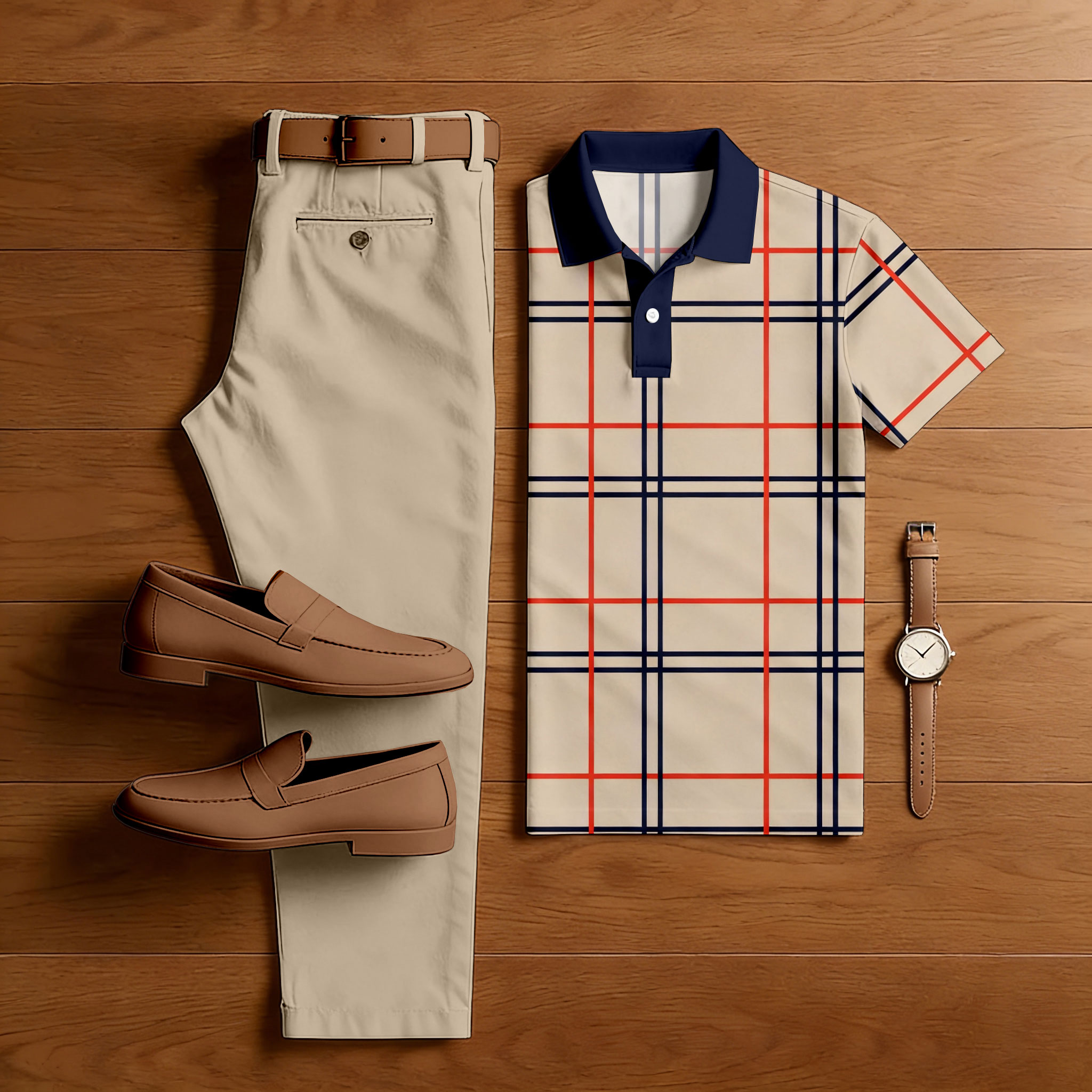 Conjunto de dos piezas casual Khaki Color Matching Checkered estampado de manga corta camisa polo & Trousers para hombre