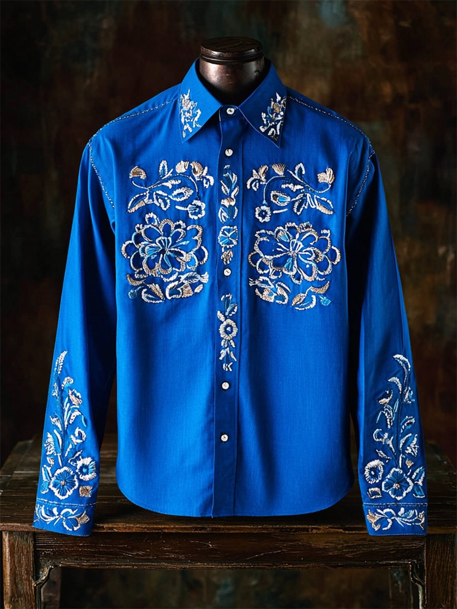 Camisa retro casual Western Ethnic estampado de manga larga para hombre