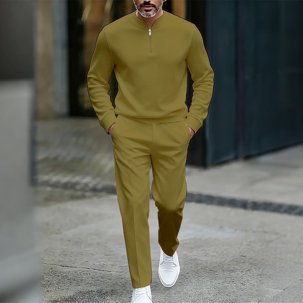 Conjunto de dos piezas casual de color sólido Round-Neck Zipper de manga larga Trousers para hombre