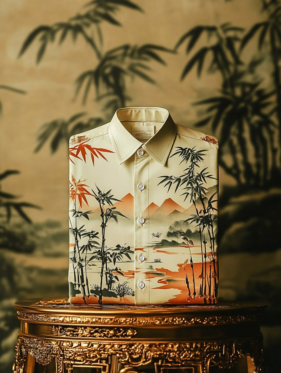 Camisa de lujo clásico Ukiyo-e de manga larga para hombre