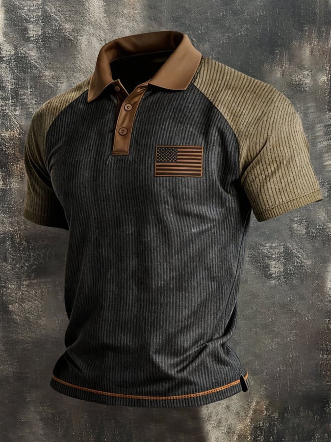 Camiseta retro Ribbed Color-Block "Patriot" Polo-Collar casual para hombre