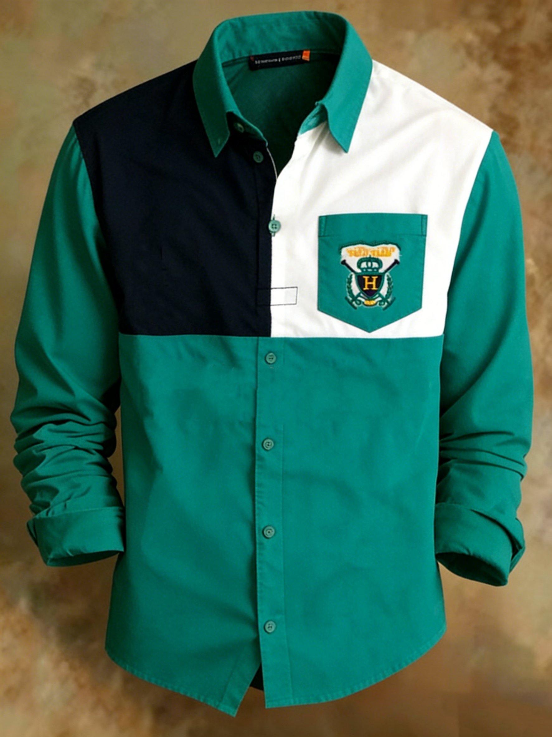 Camisa retro Colorblock diseño estampado clásico para hombre