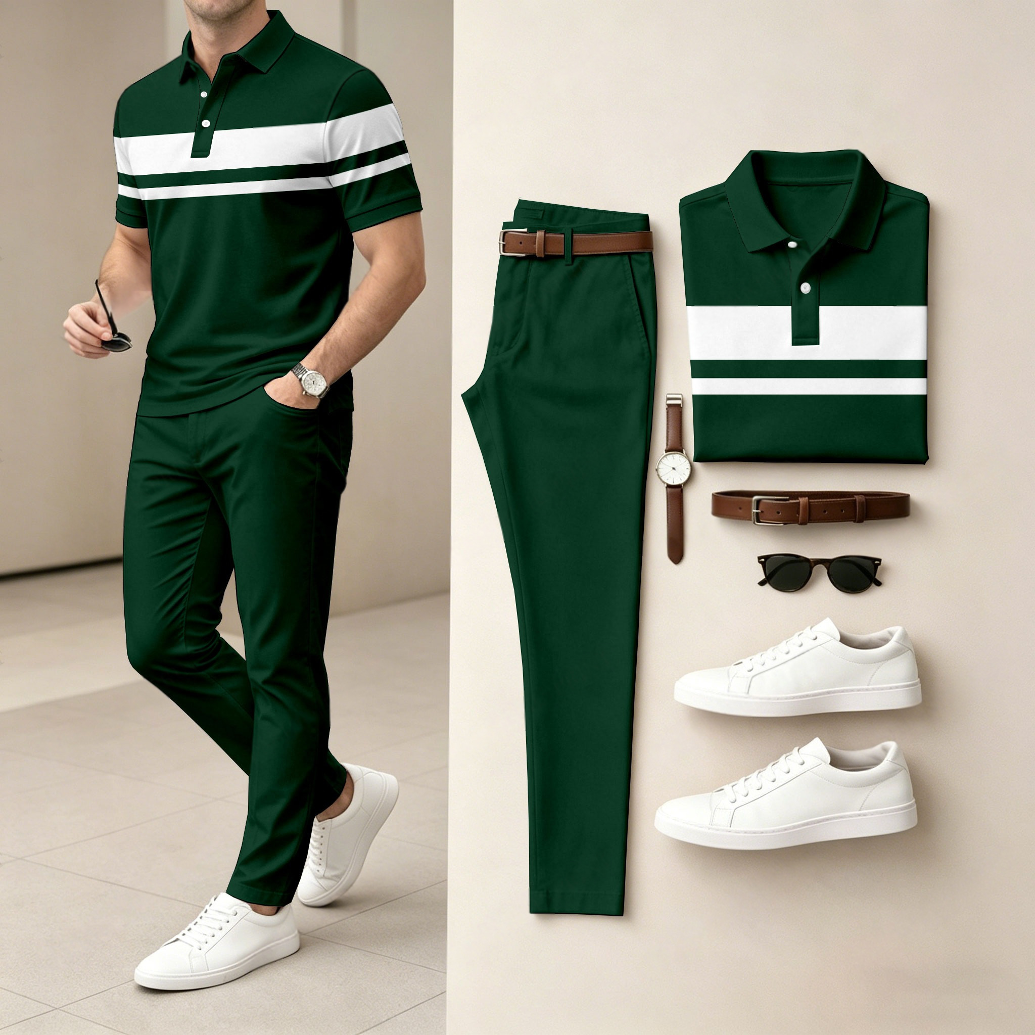 Conjunto de dos piezas casual Dark Green Geometric estampado camisa polo And pantalón para hombre