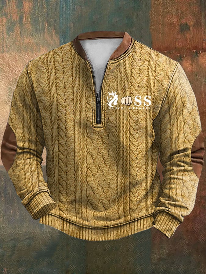 Sudadera retro Letter estampado cierre Neck tejido para hombre