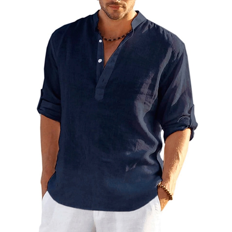 Camisa de lino camisa Band cuello camisa Popover camisa Summer camisa Beach Wear de color sólido hawaiano Holiday Black White Yellow Pink de manga larga Henley Summer Spring Clothing Apparel con botones para hombre - vista 9