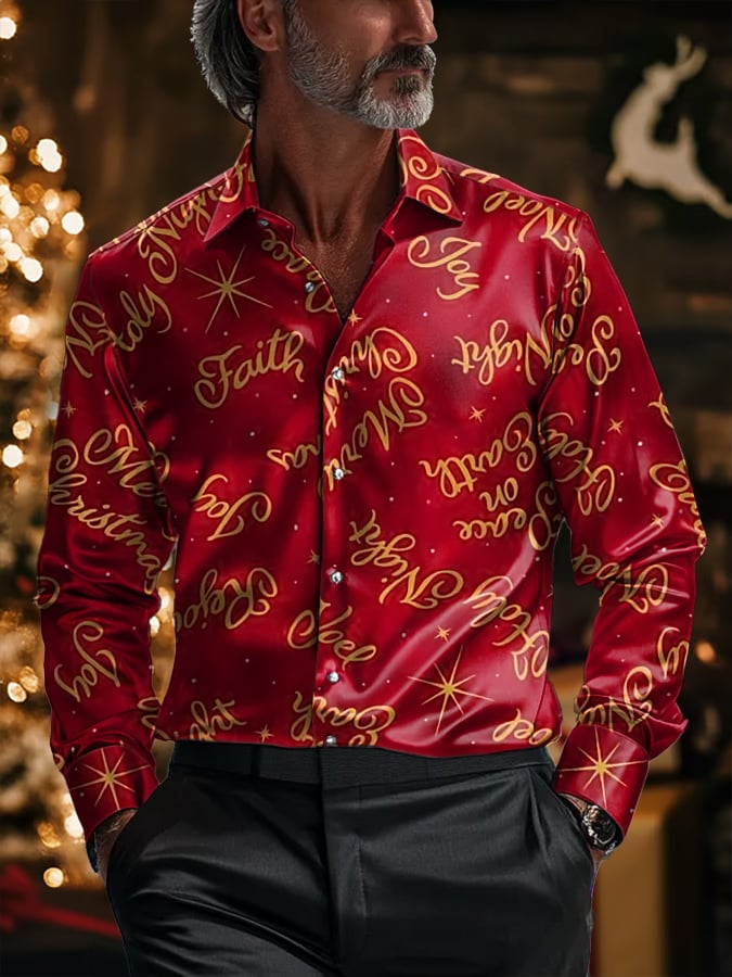 Camisa de lujo Christmas Contrast Color estampado de manga larga para hombre