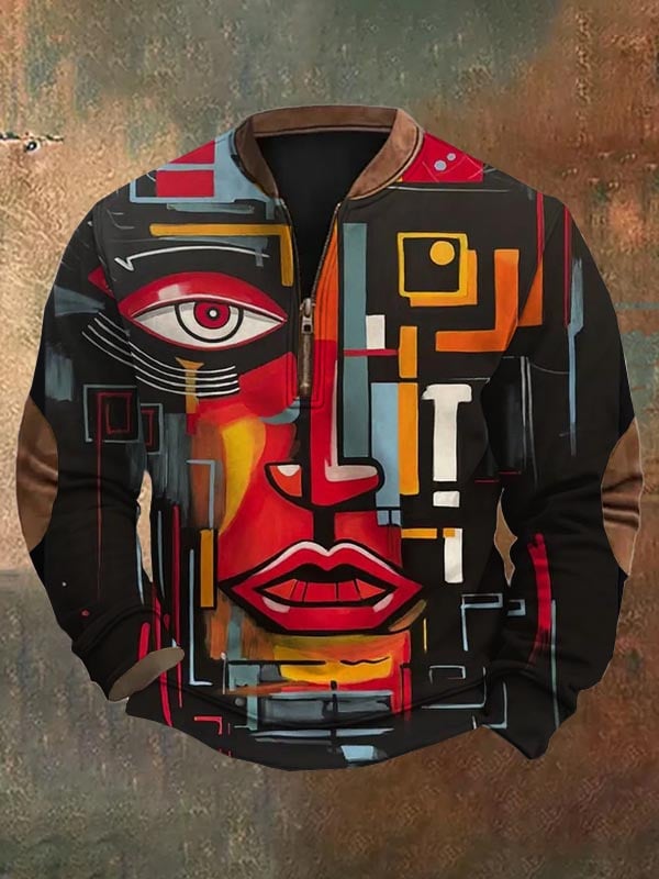 Sudadera de moda casual Art geométrico estampado cierre Neck para hombre
