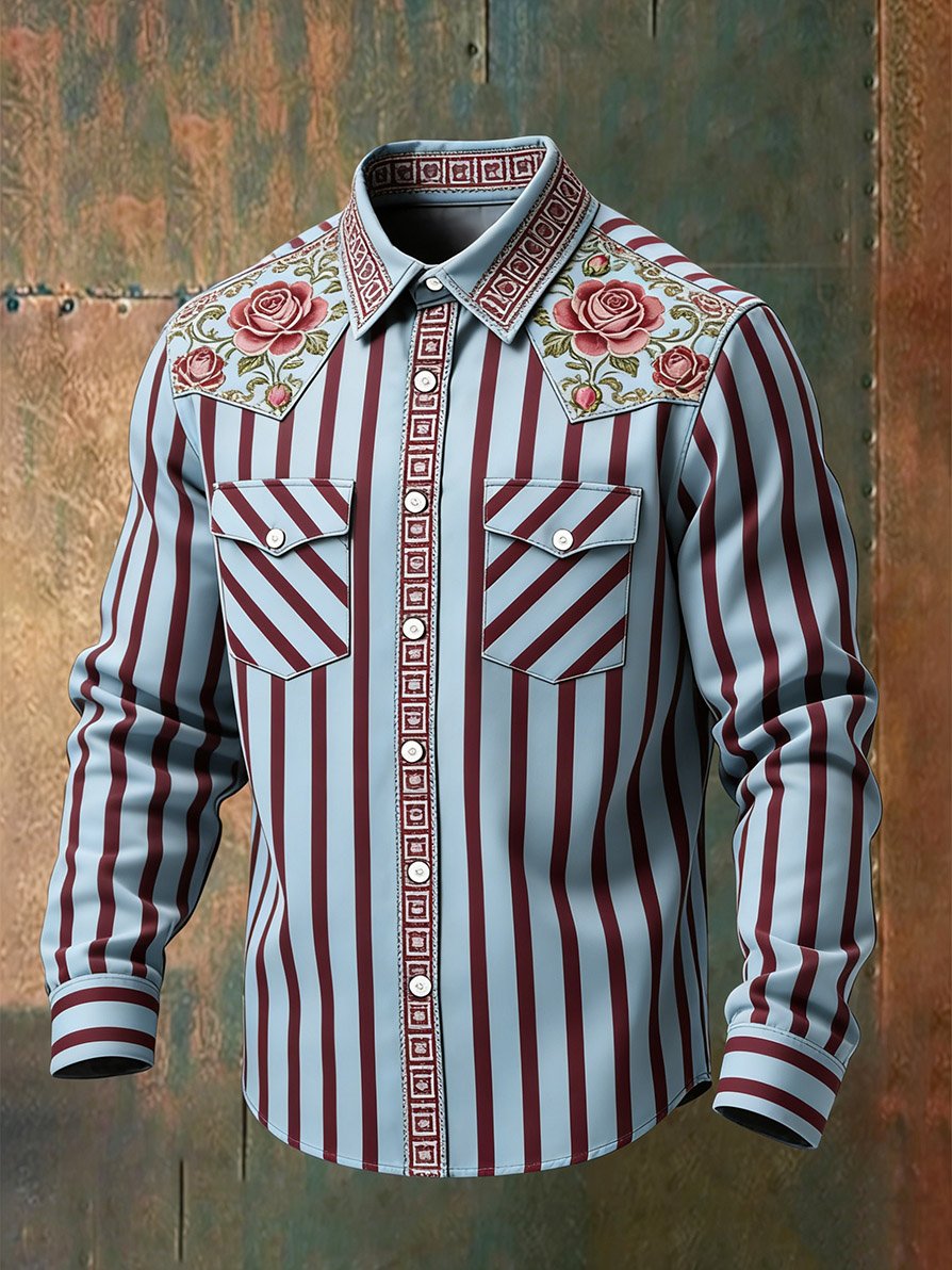 Camisa vintage a rayas Western de manga larga para hombre
