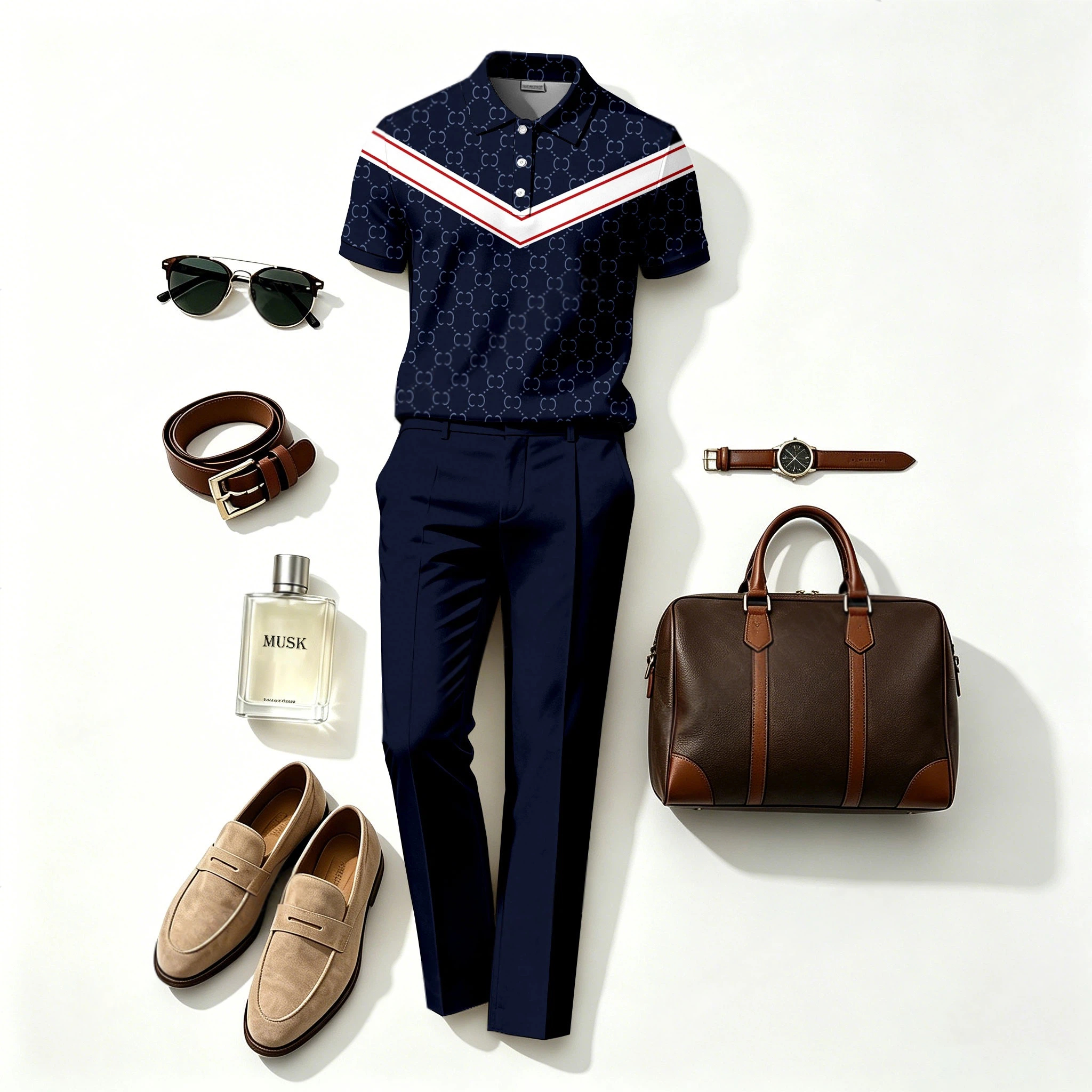 Conjunto de dos piezas casual Color-Blocked V-rayas estampado de manga corta camisa polo and pantalón (Does Not Include Accessories Such As Watches Or Glasses) para hombre