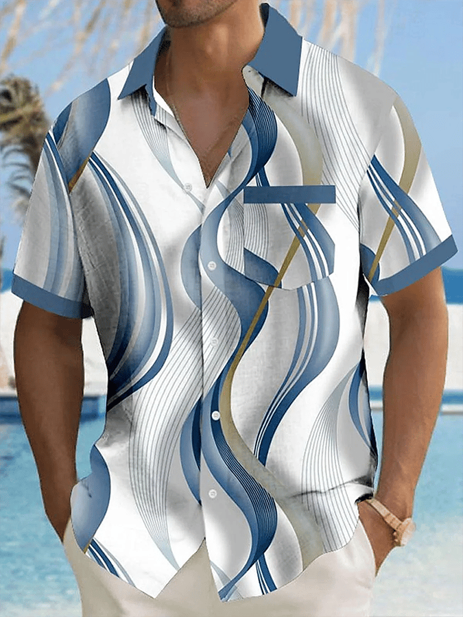 Camisa retro degradado geométrico Art estampado de manga corta bolsillos para hombre