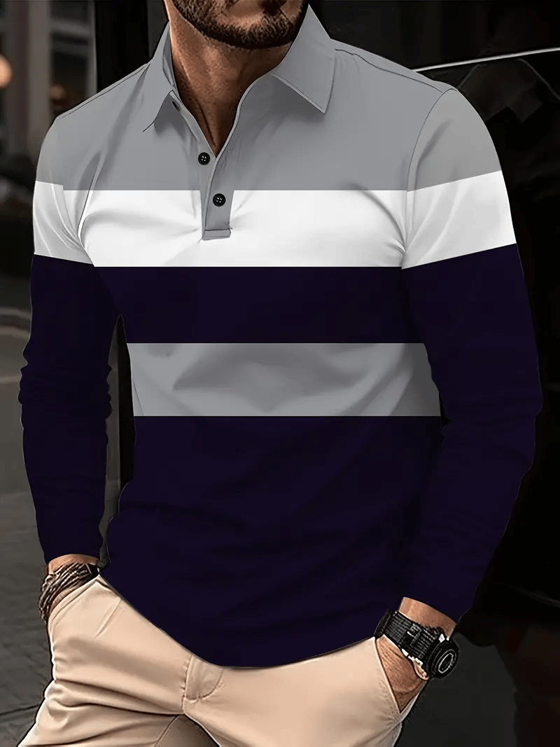 Camisa polo ejecutivo casual a rayas de manga larga para hombre