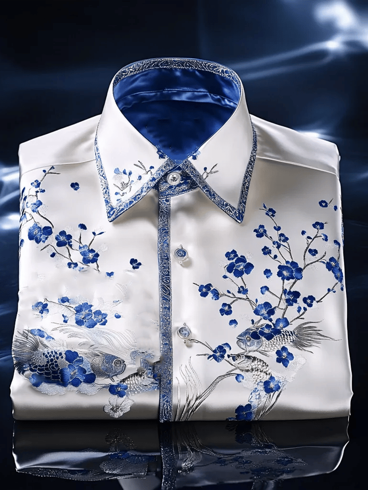 Camisa Blue Ukiyo-e de lujo de manga larga para hombre