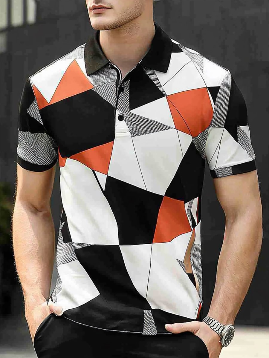 Camisa polo casual ejecutivo geométrico estampado con botones de manga corta para hombre