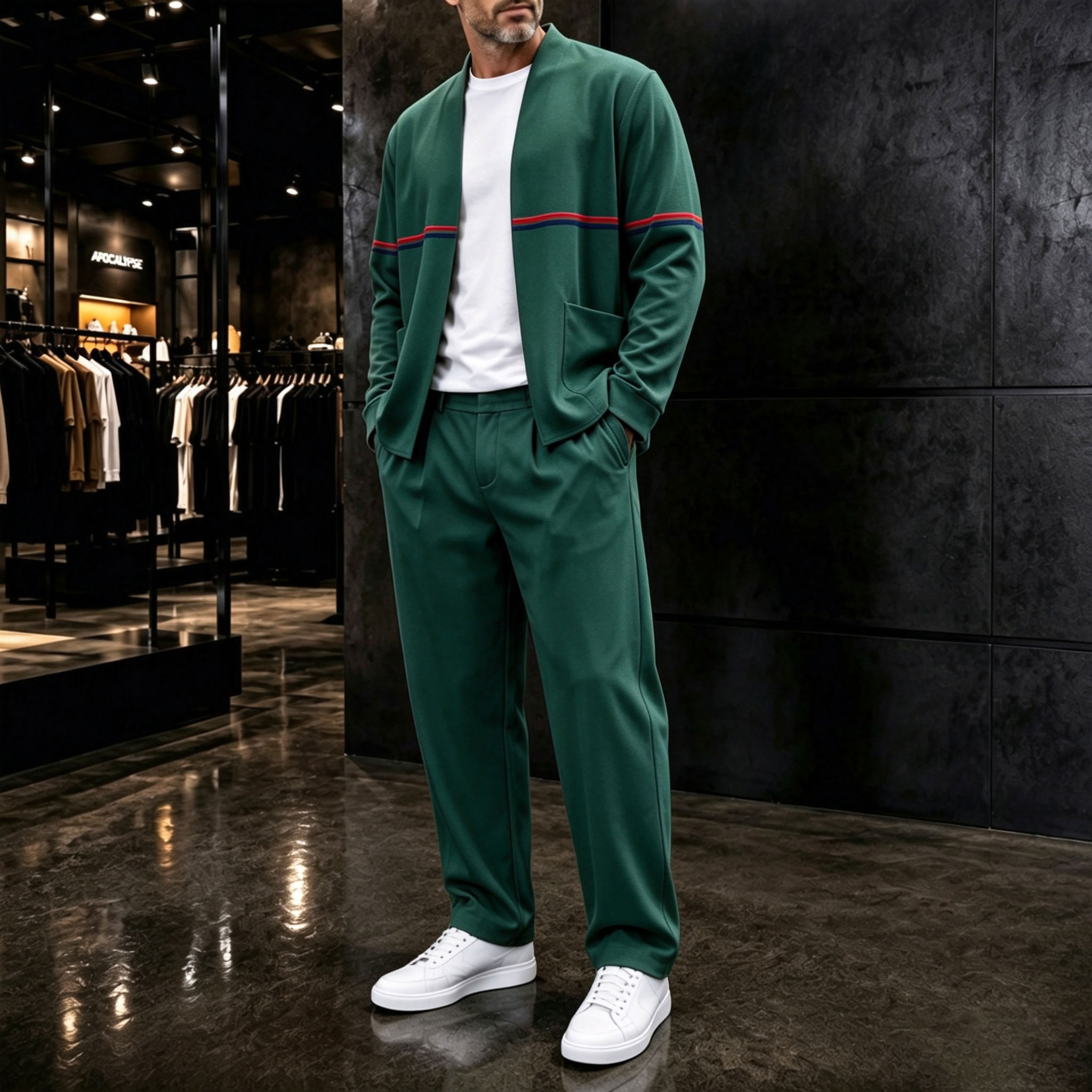 para hombre Green Cardigan chaqueta and pantalón conjunto de dos piezas