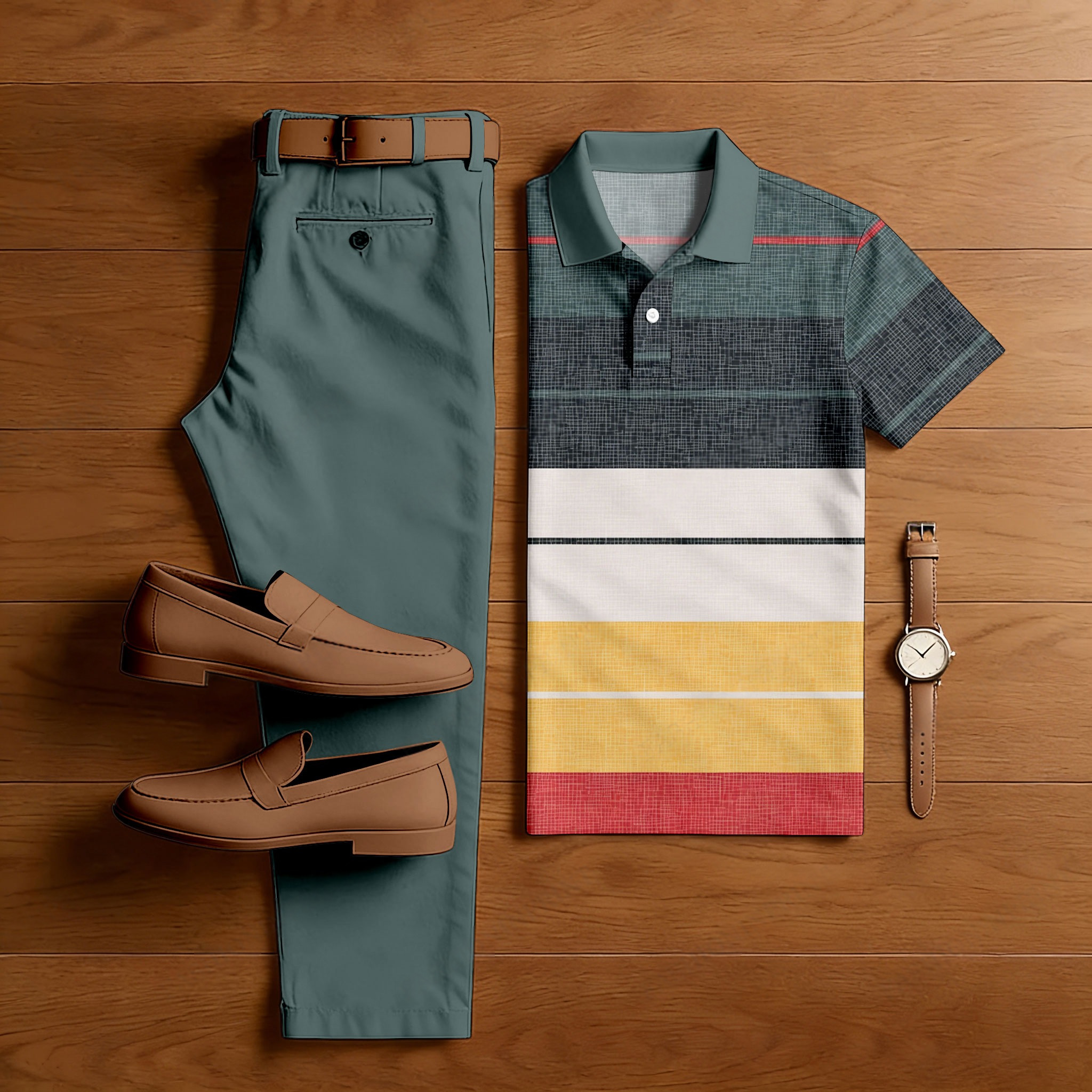 Conjunto de dos piezas casual Military Green Geometric estampado camisa polo And Trousers para hombre