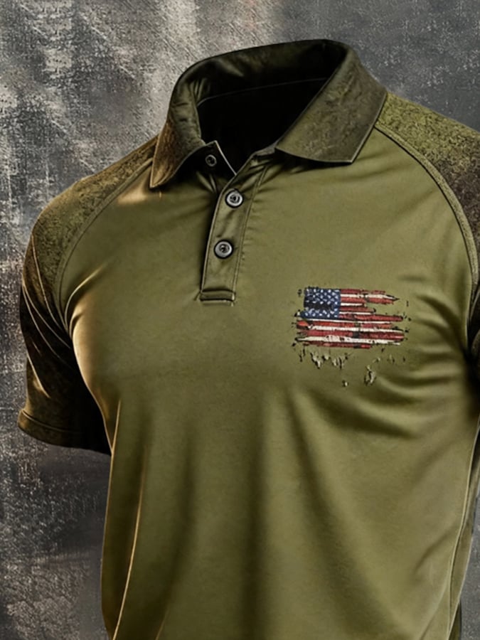 Camisa polo retro Patriotic Color-Block de manga corta para hombre