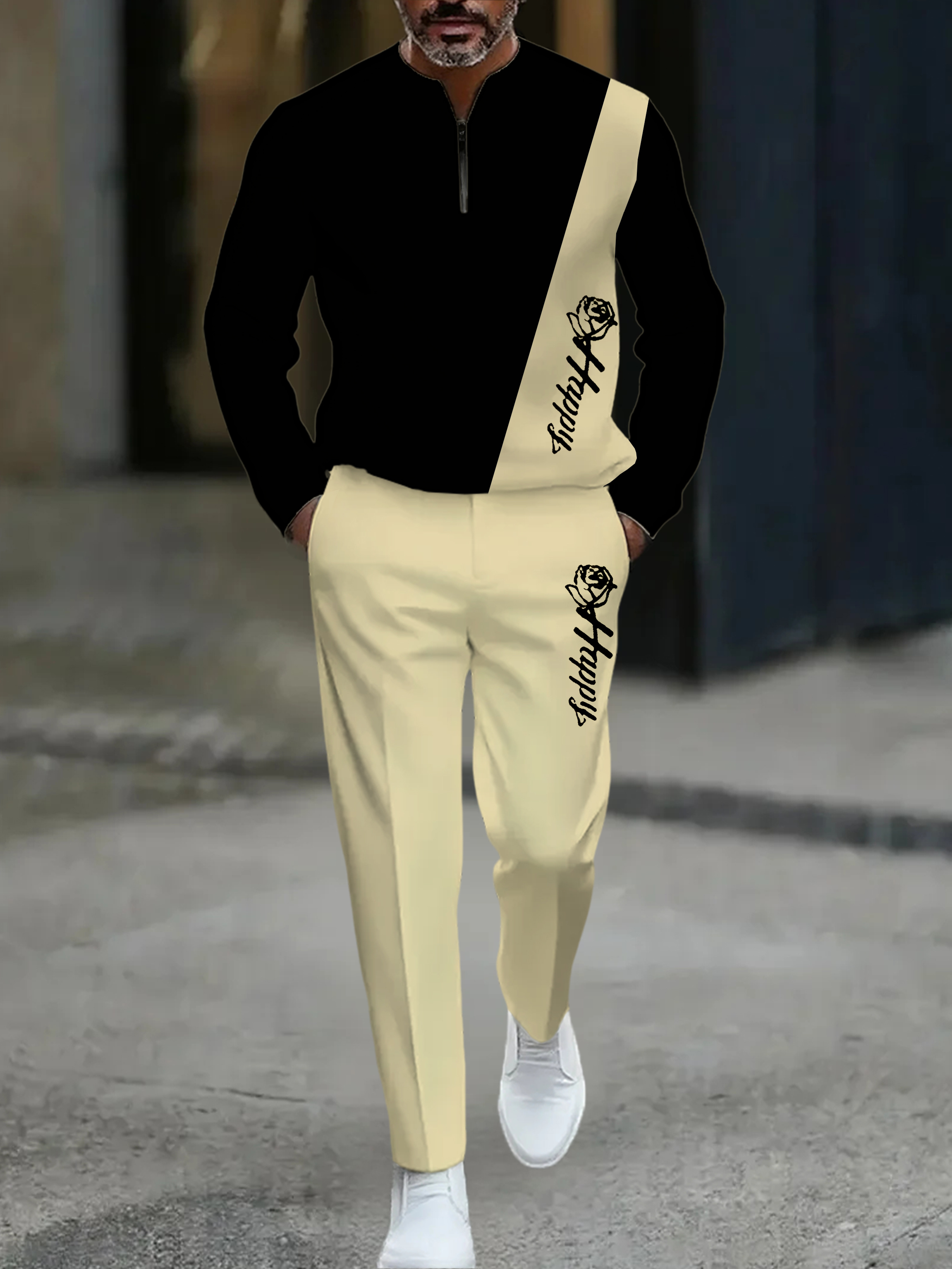 Conjunto de dos piezas casual Black & Beige Color Matching Geometric Asymmetric estampado Round-Neck Zipper de manga larga sudadera & Trousers para hombre