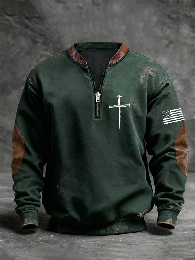 Sudadera retro Faith Cross estampado cierre Stand cuello de manga larga para hombre