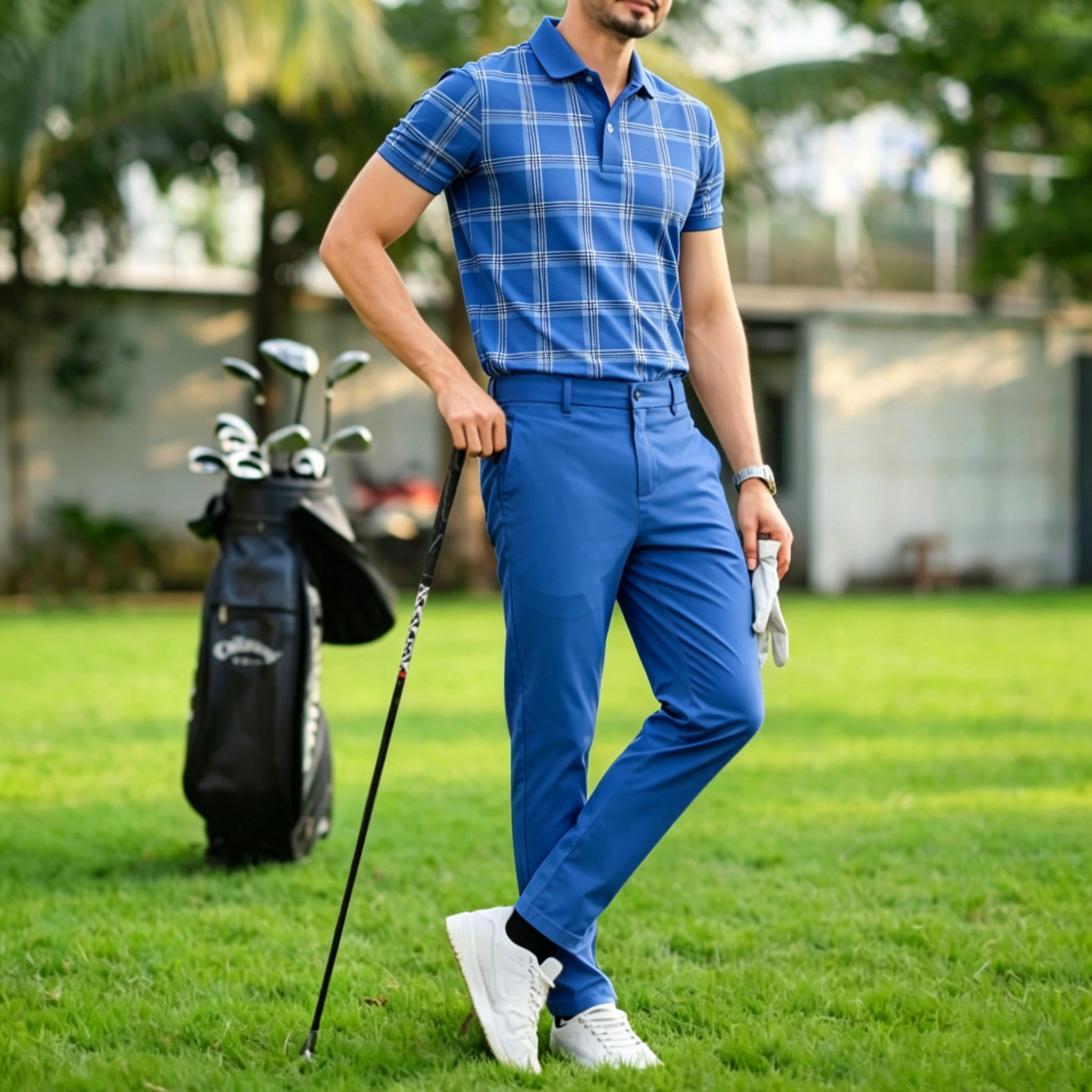 Conjunto de dos piezas casual Dark Blue a cuadros estampado camisa polo And pantalón para hombre