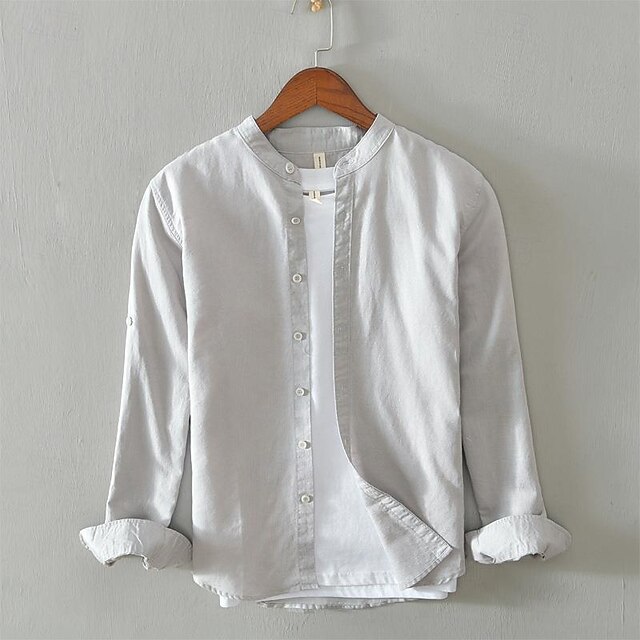 Camisa de lino camisa casual camisa Button Up camisa de algodón camisa Plain Vacation Hawaiian White Navy Blue Khaki Gray de manga larga Band Collar Spring Fall Clothing Apparel con botones para hombre