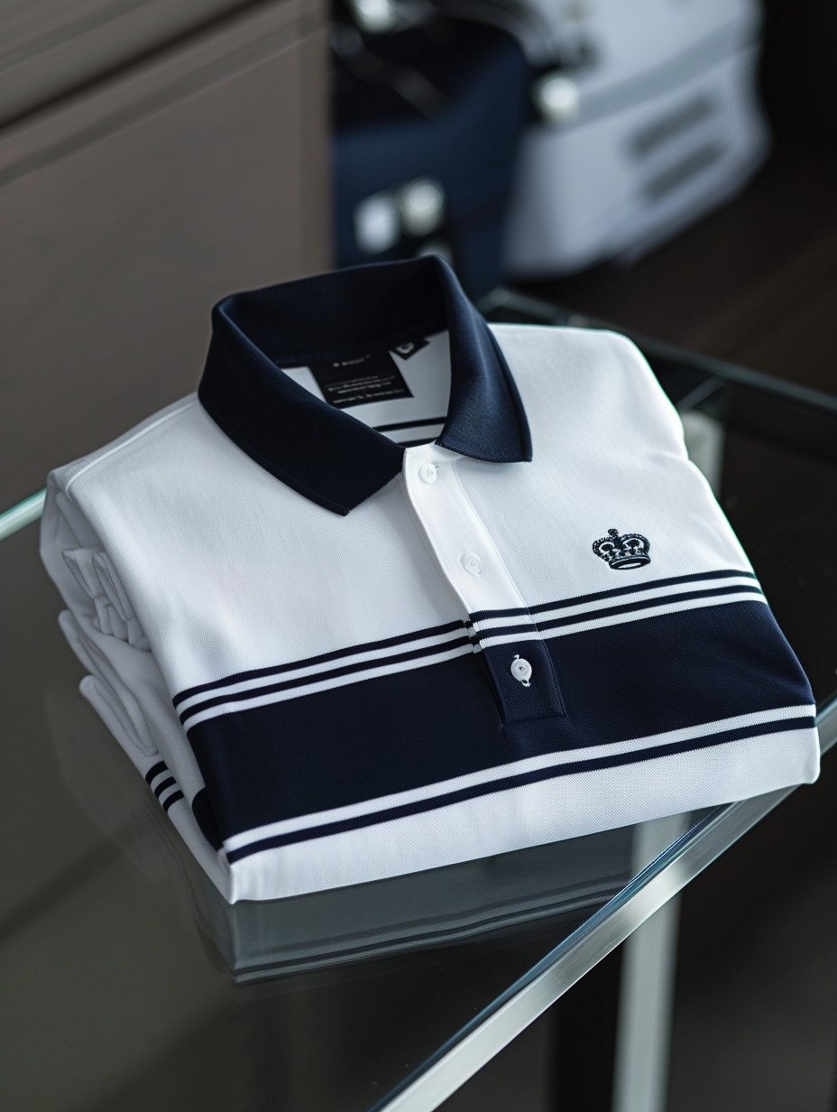 Camisa polo de lujo White Navy Blue a rayas Hem Crown