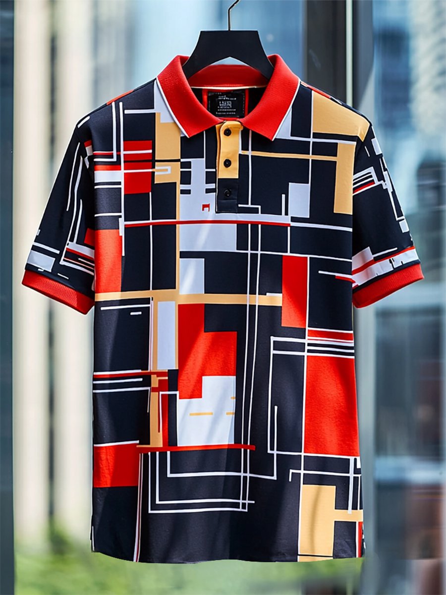 Camisa polo ejecutivo casual Bauhaus estampado Button de manga corta para hombre