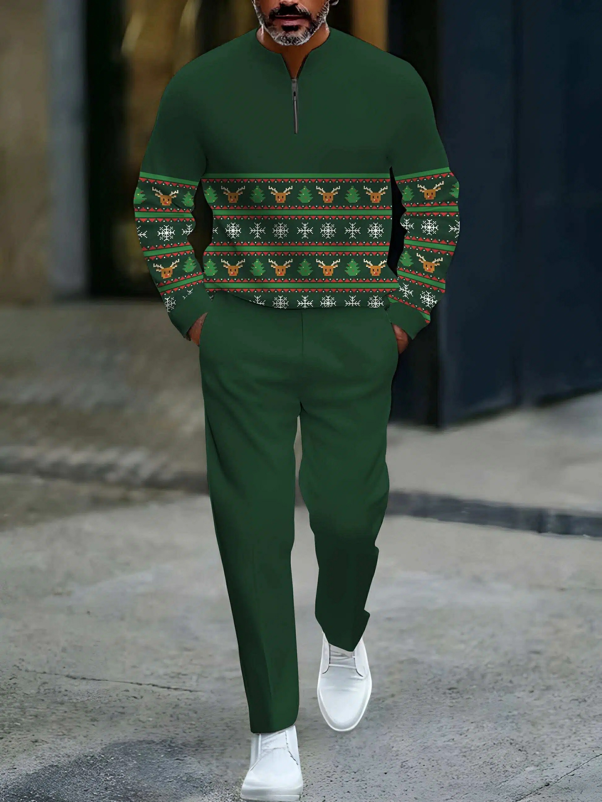 Conjunto de dos piezas casual Green Color Matching Christmas estampado Round-Neck Zipper de manga larga sudadera & Trousers para hombre