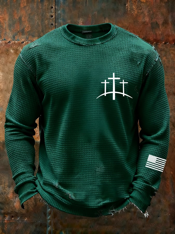 Camiseta vintage Faith Cross Design Waffle Fabric de manga larga para hombre