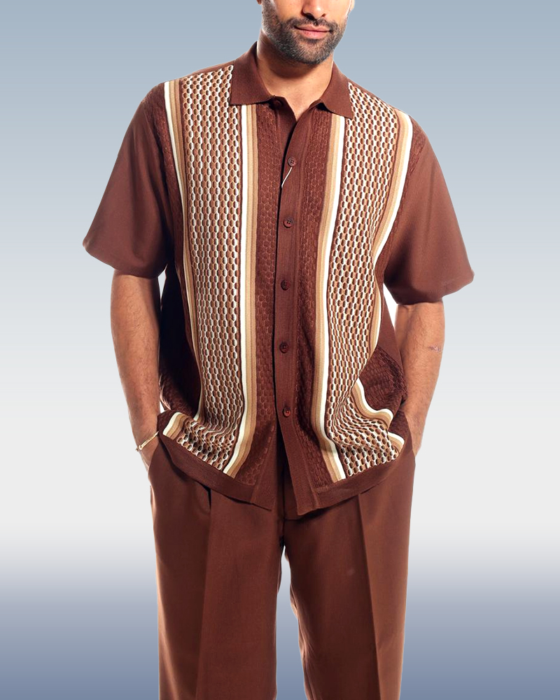 Brown Criss Cross Pattern Walking Suit de manga corta Set