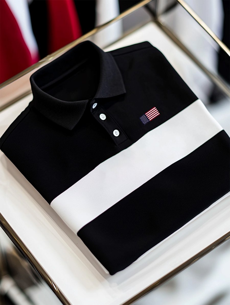 Camisa polo ejecutivo casual a rayas Independence Day Button de manga corta para hombre