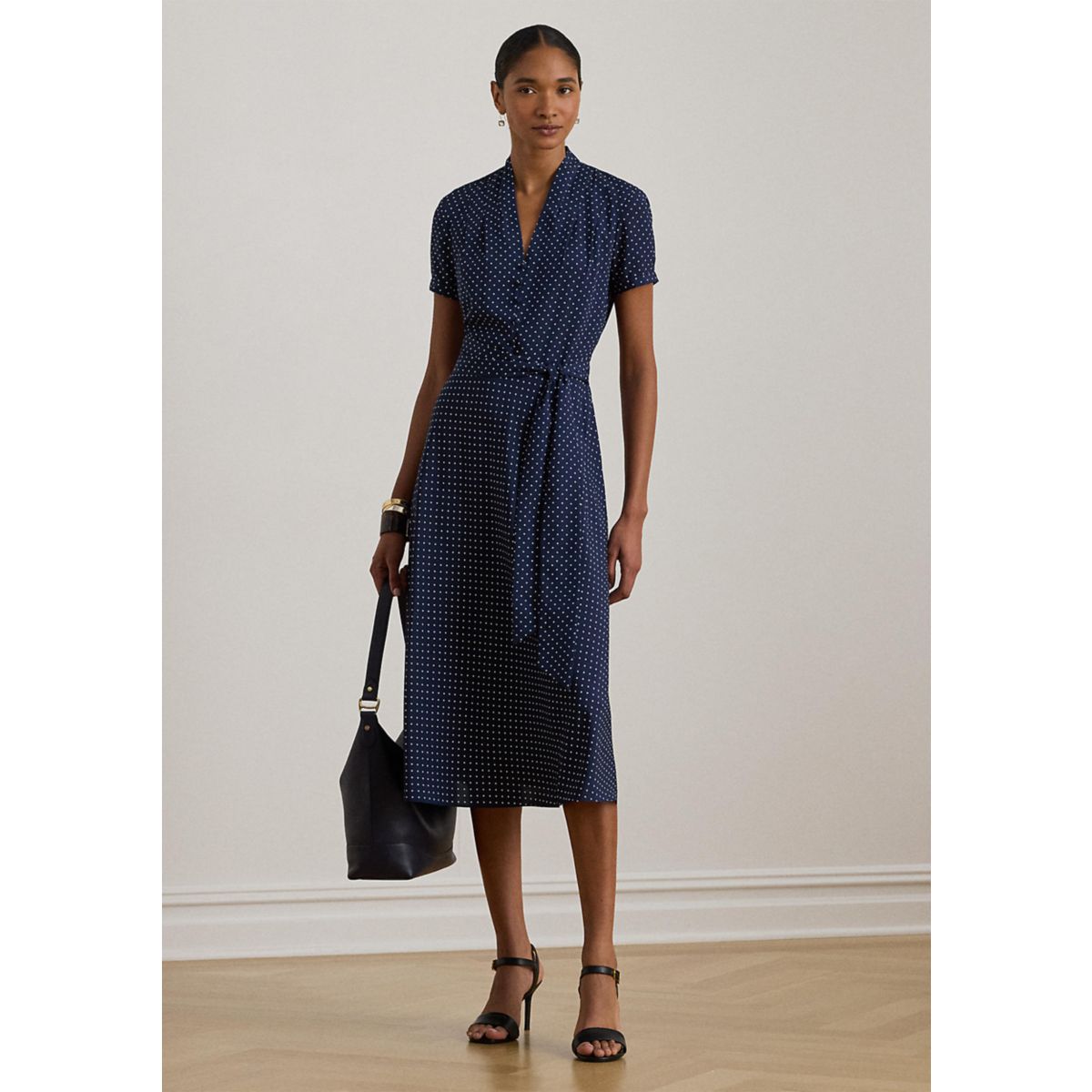 Polka-Dot Belted Crepe Dress - 1