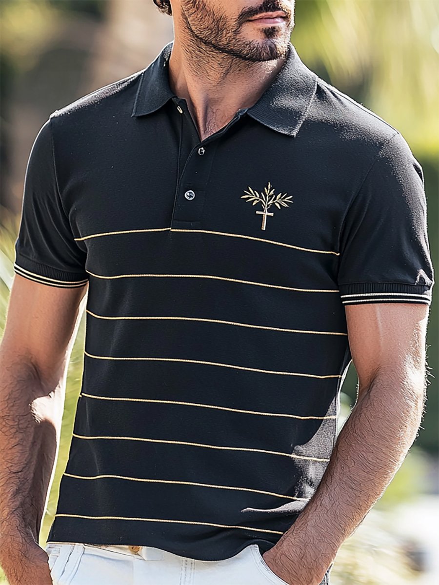 Camisa polo ejecutivo rayas Logo con botones de manga corta para hombre