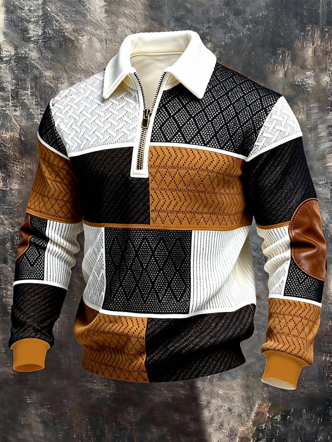 Sudadera retro en bloques de color estampado Color-Blocked con cierre para hombre