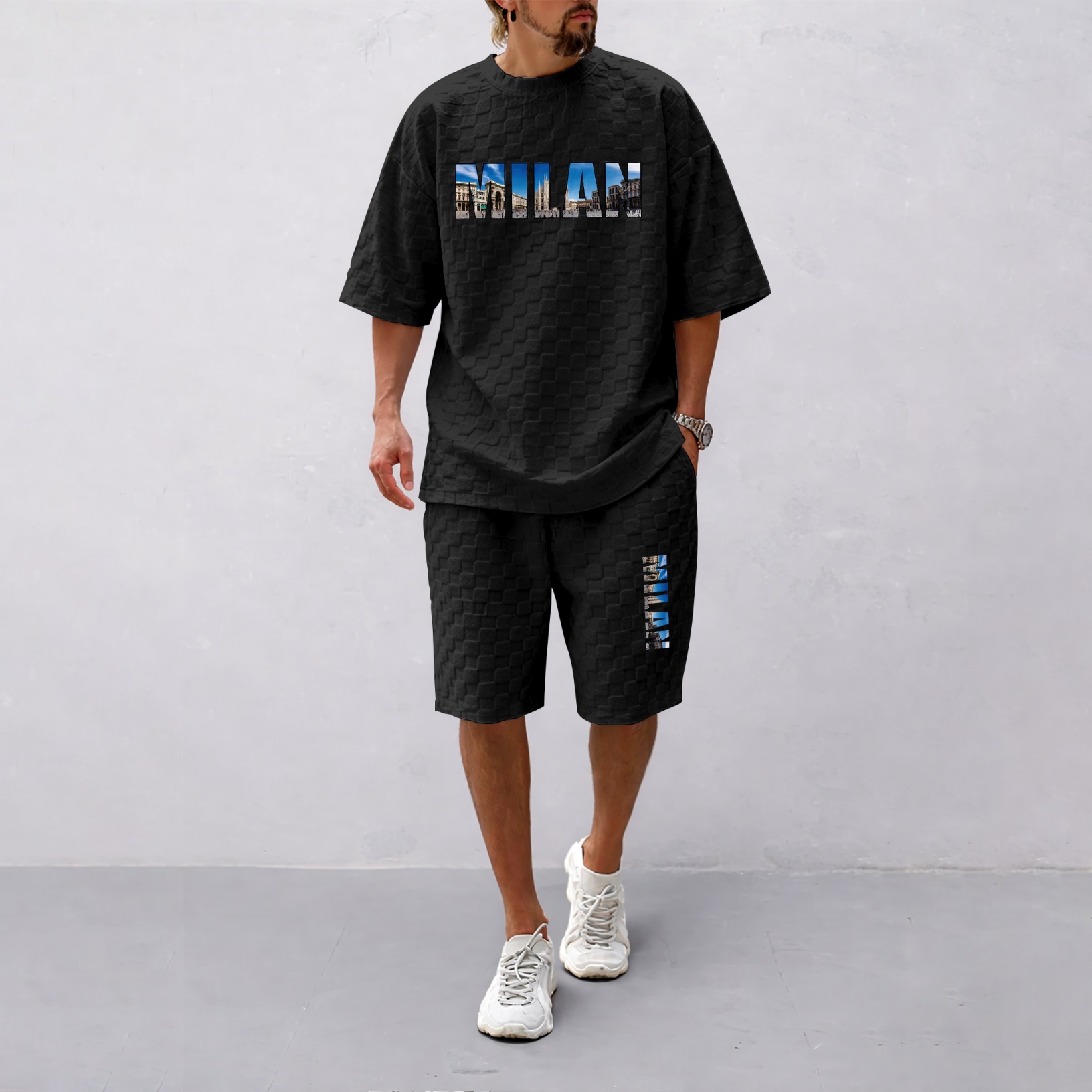 Camisa Spring and Summer Milan Letter estampado Checkered Fabric Drawstring shorts Set, casual Summer Outfit with de manga corta and shorts, Ideal for Everyday Wear and Sports Activities para hombre